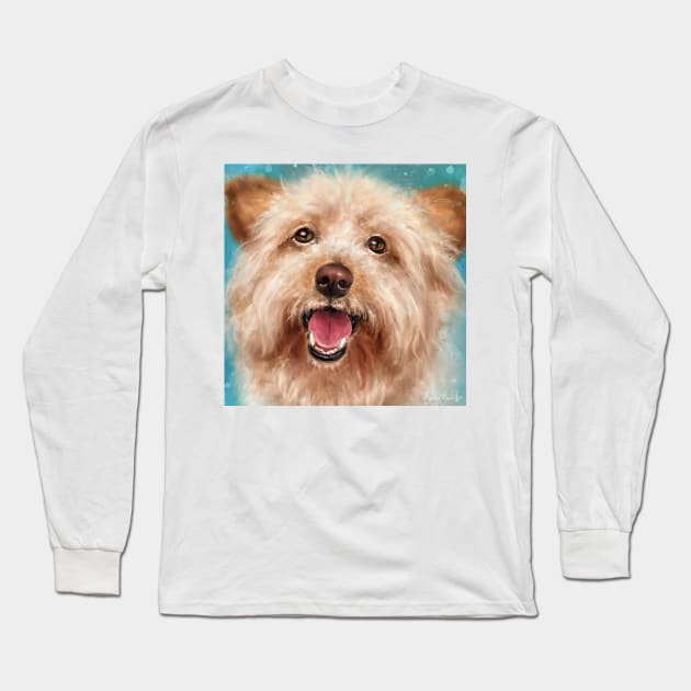 Painting of a Happy Yorkshire Terrier with Its Tongue Out on a Blue Background Long Sleeve T-Shirt by ibadishi